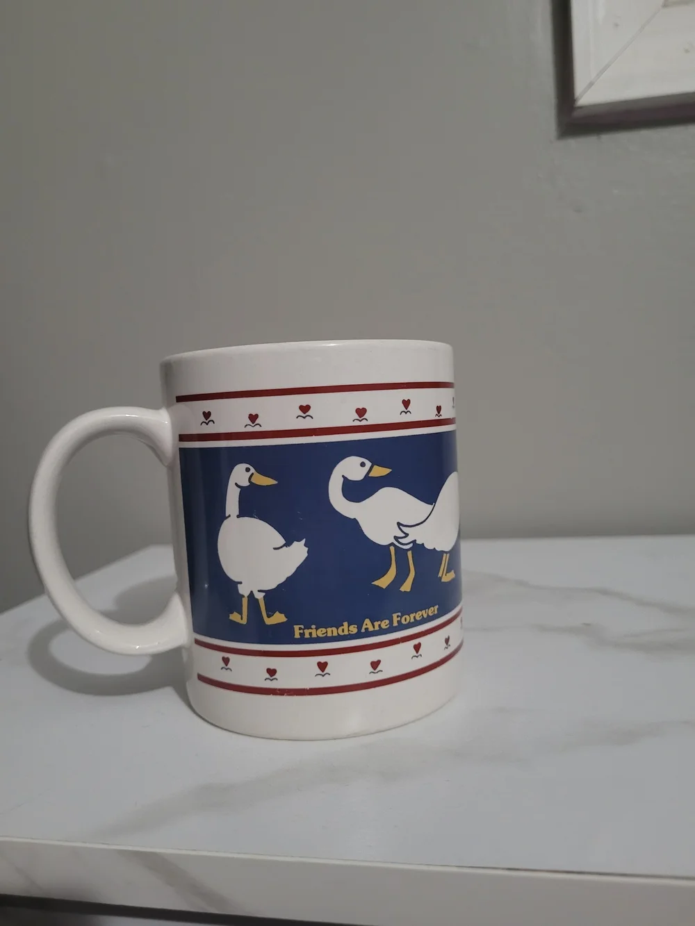 White Ceramic Mug with Duck Goose Friends Are Forever Design